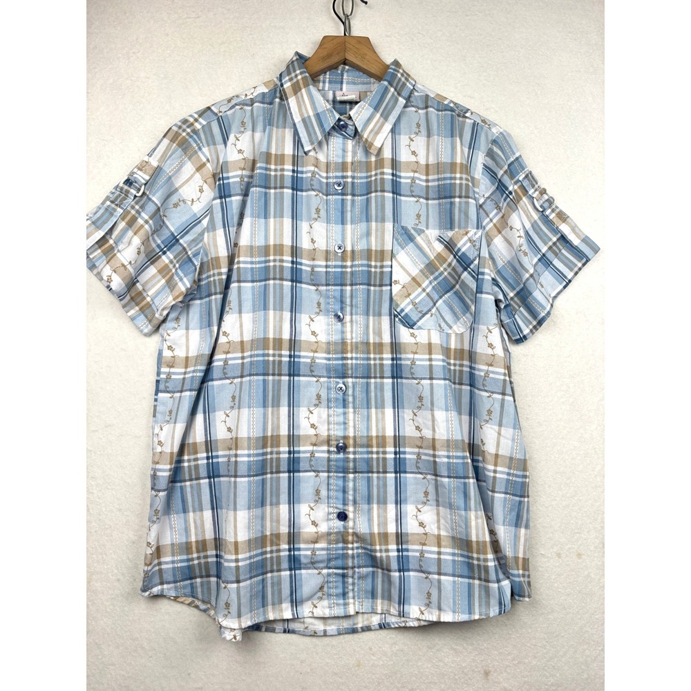 Adrian Delafield Shirt Womens L Plaid Floral Embroidered Button FrontCottagecore
